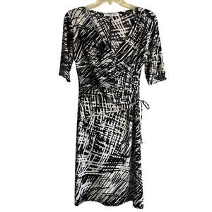 Evan Picone Womens Short Sleeve Black and White Geometric Wrap Dress Sz 6